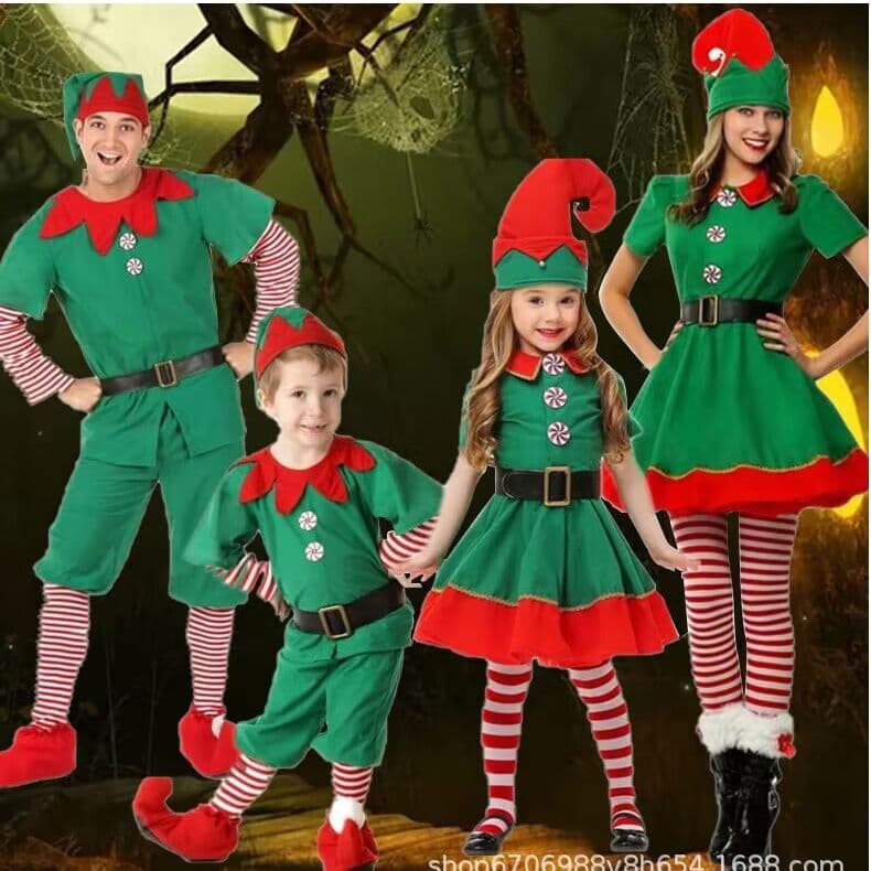 Christmas costumes for children Christmas elf cosplay costumes for boys and girls adult green elf Christmas dance party