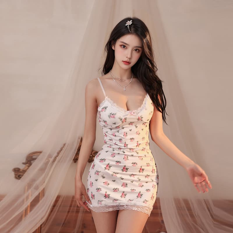 Lingerie Sleepwear Printed Nightgown Pure Desire Sexy Strapless Bodycon Short Dress Women Ice Silk Lace Trim Pure Desire Floral Dress