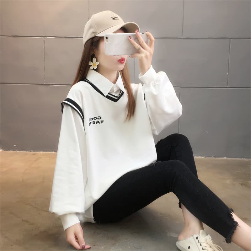 Student Long-Sleeve Top Girls Autumn Outfit Versatile Ins Casual Loose Jacket Trendy Faux Two-Piece Thin Sweatshirt