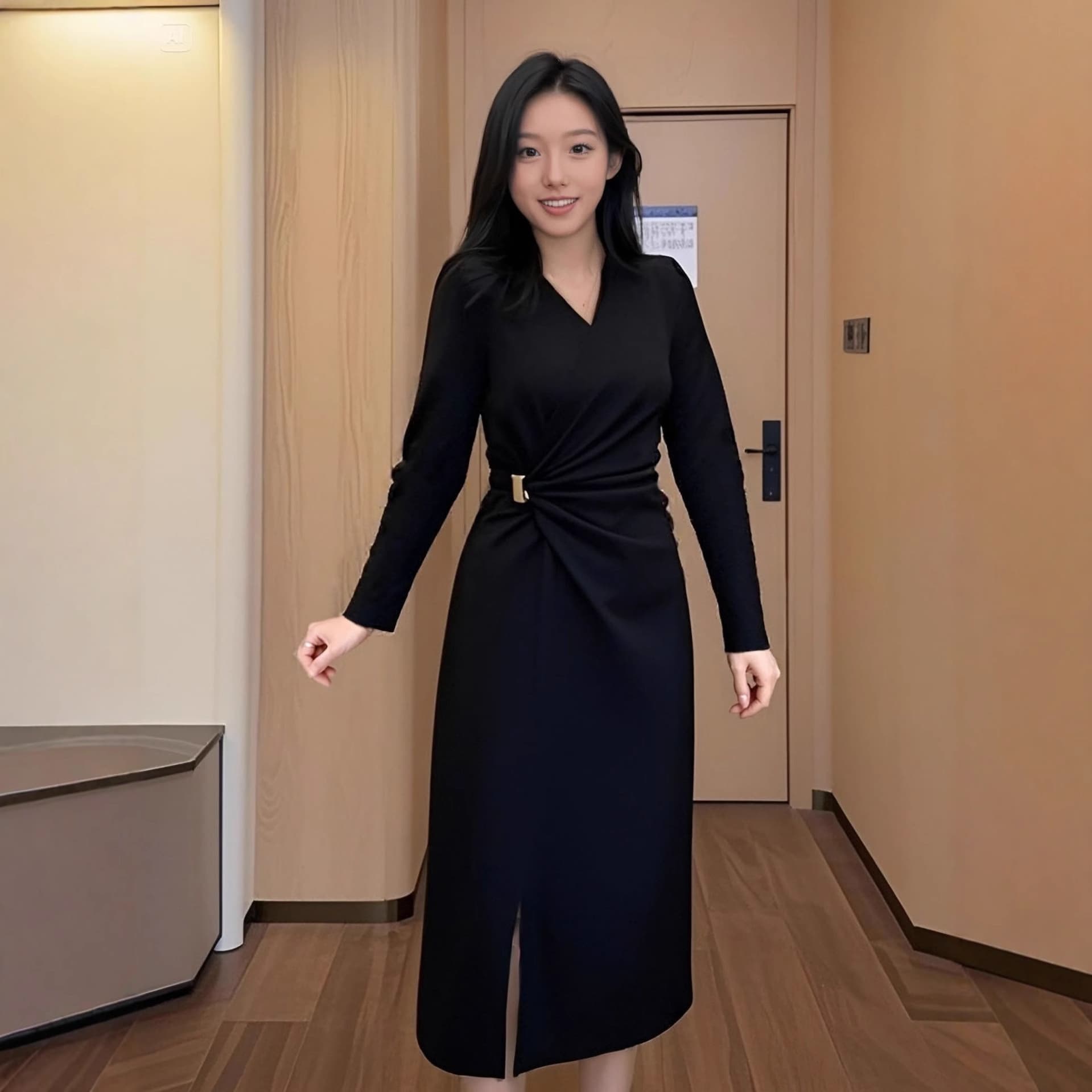 85 long-sleeved slim girl new V-neck long-sleeved dress waist slimming formal occasion French dress