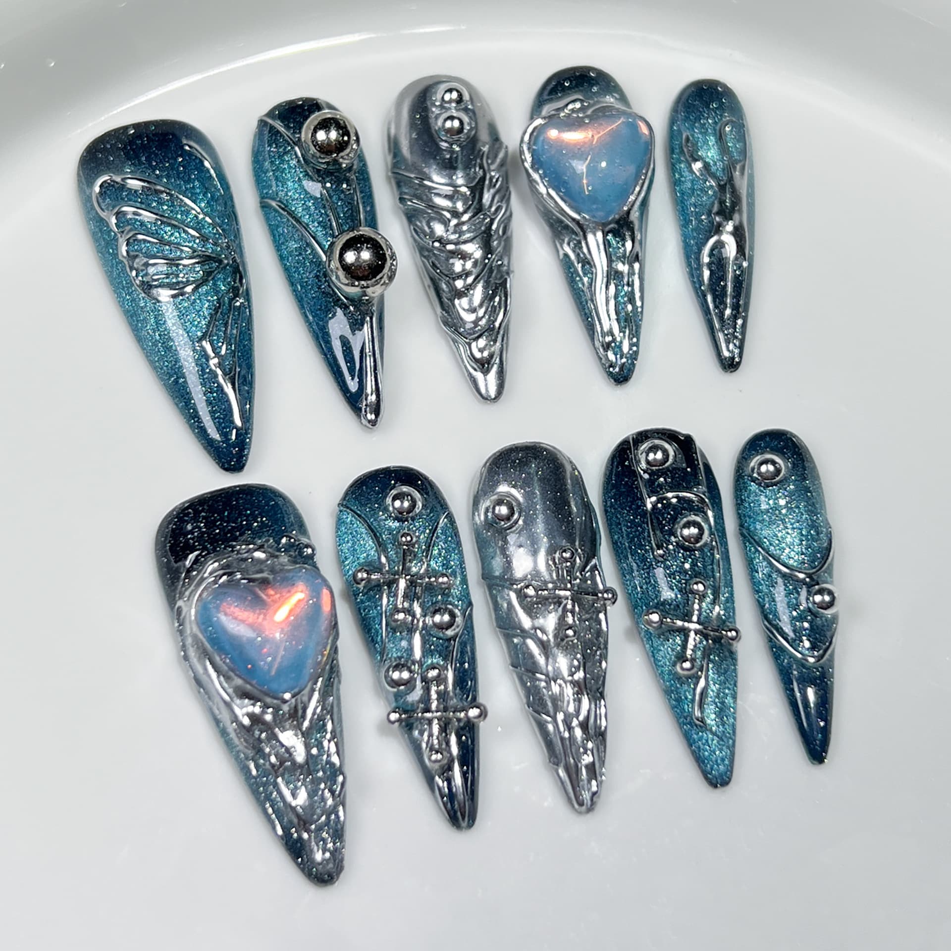 Handcrafted Wearable Nails - Starry Galaxy Creative Hand-Painted Butterfly European-American Long Stiletto Finished Press-On Nails