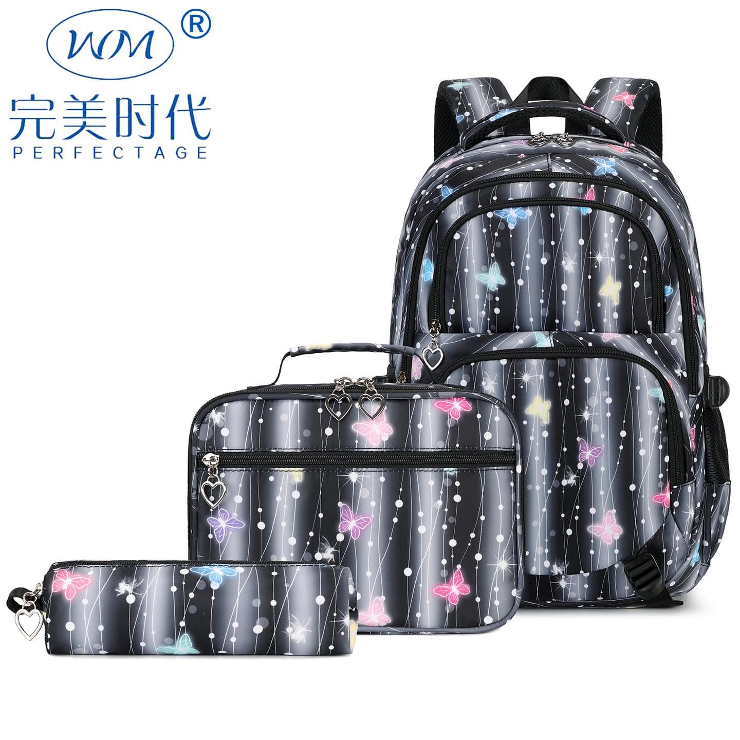 Girls' School Backpack Large Capacity Spine Protection Elementary Middle School Student Bookbag Butterfly Print 3-Piece Set