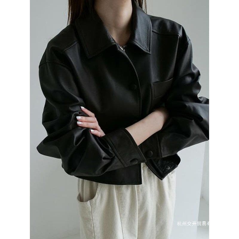 Women's Short Leather Jacket, Korean Loose Fit Fall Motorcycle Jacket, Casual Streetwear Top, Hong Kong Style Chic