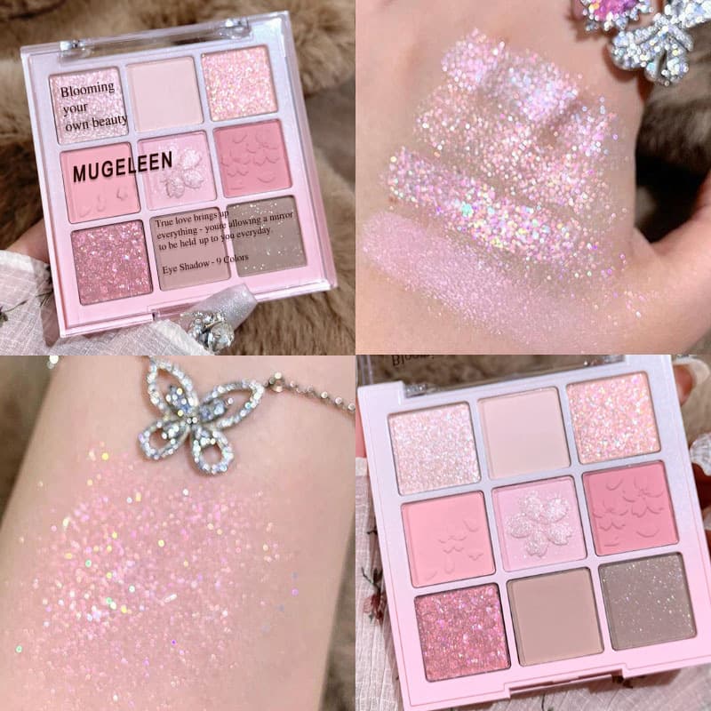 MUGELEEN Sakura nine-color eye shadow palette peach pink day mixed earth color beads matte Korean style pure desire pink eye shadow