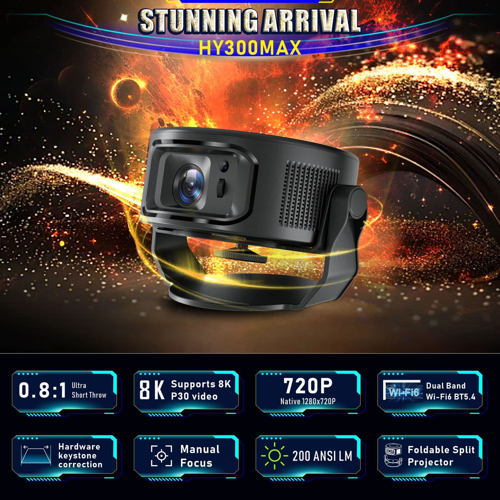 HY300Max Portable Smart Projector 720P H726 Android 14 LCD Supports HD 4K Projector Home