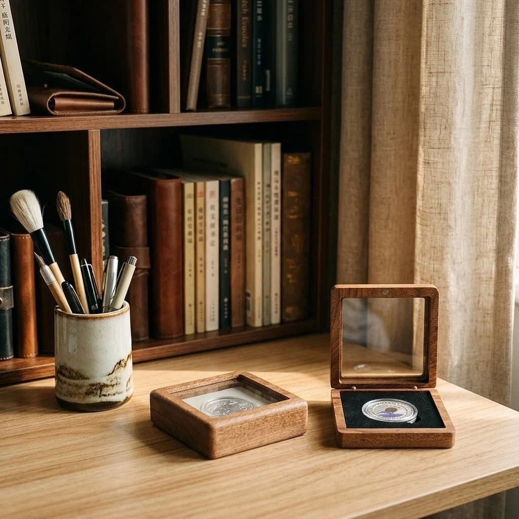 81mm Sapele Solid Wood Commemorative Coin Window Storage Box, Gold Coin Copper Coin Collection Gift Packaging Box, Badge Box