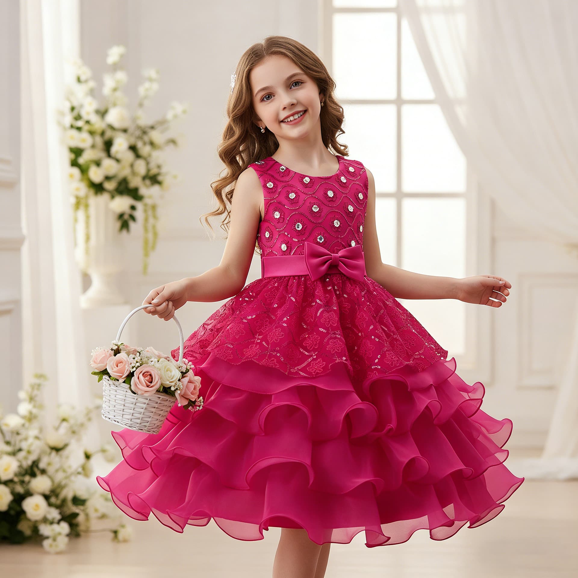 Girls' Formal Dress Princess Gown European and American Style Children's Dress Flower Girl Wedding Dress with Rhinestones Multi-Layer Organza Cake Tutu Dress