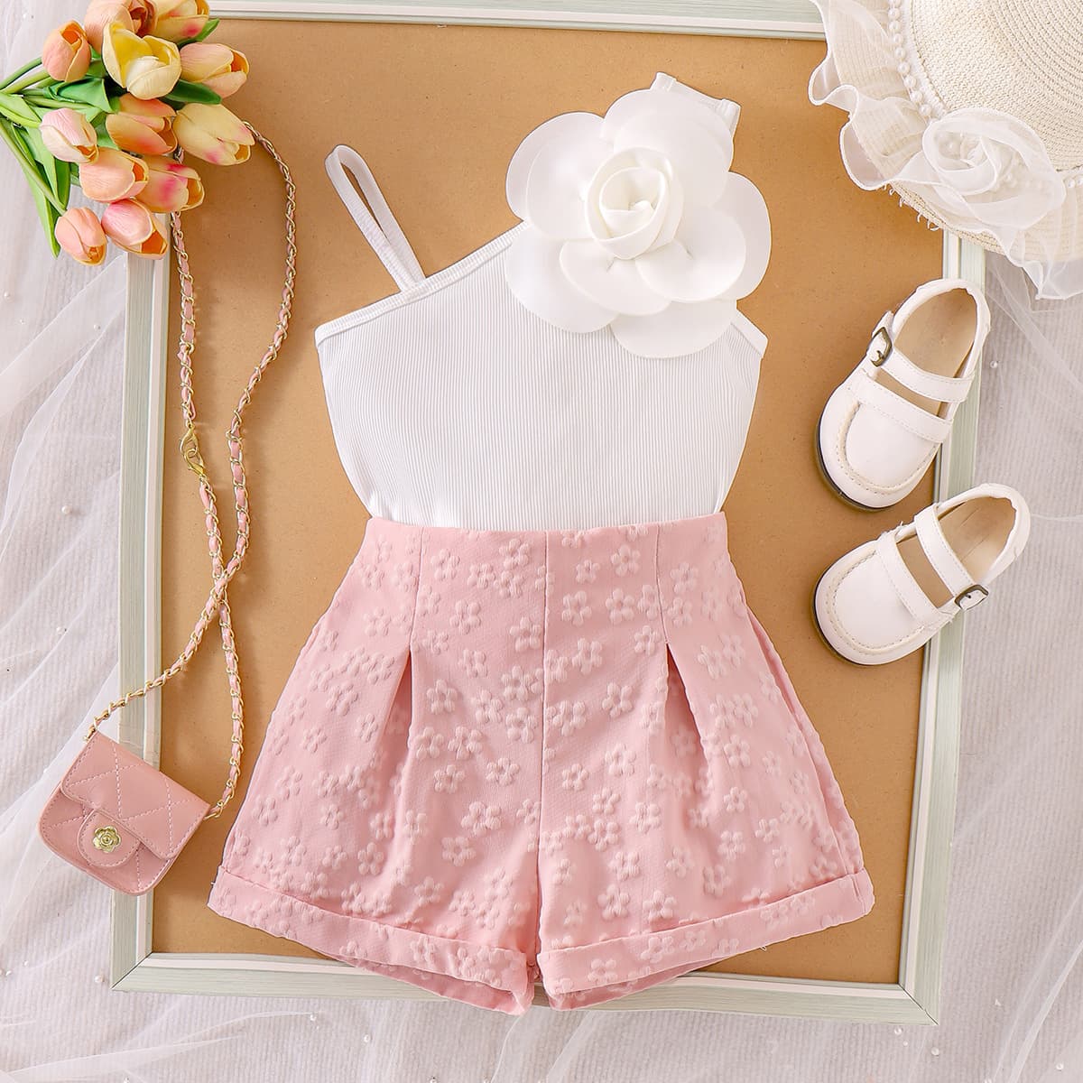 2026 Cross-border New Arrival Europe and America Spring Autumn Girls White Tank Top + Pink Shorts