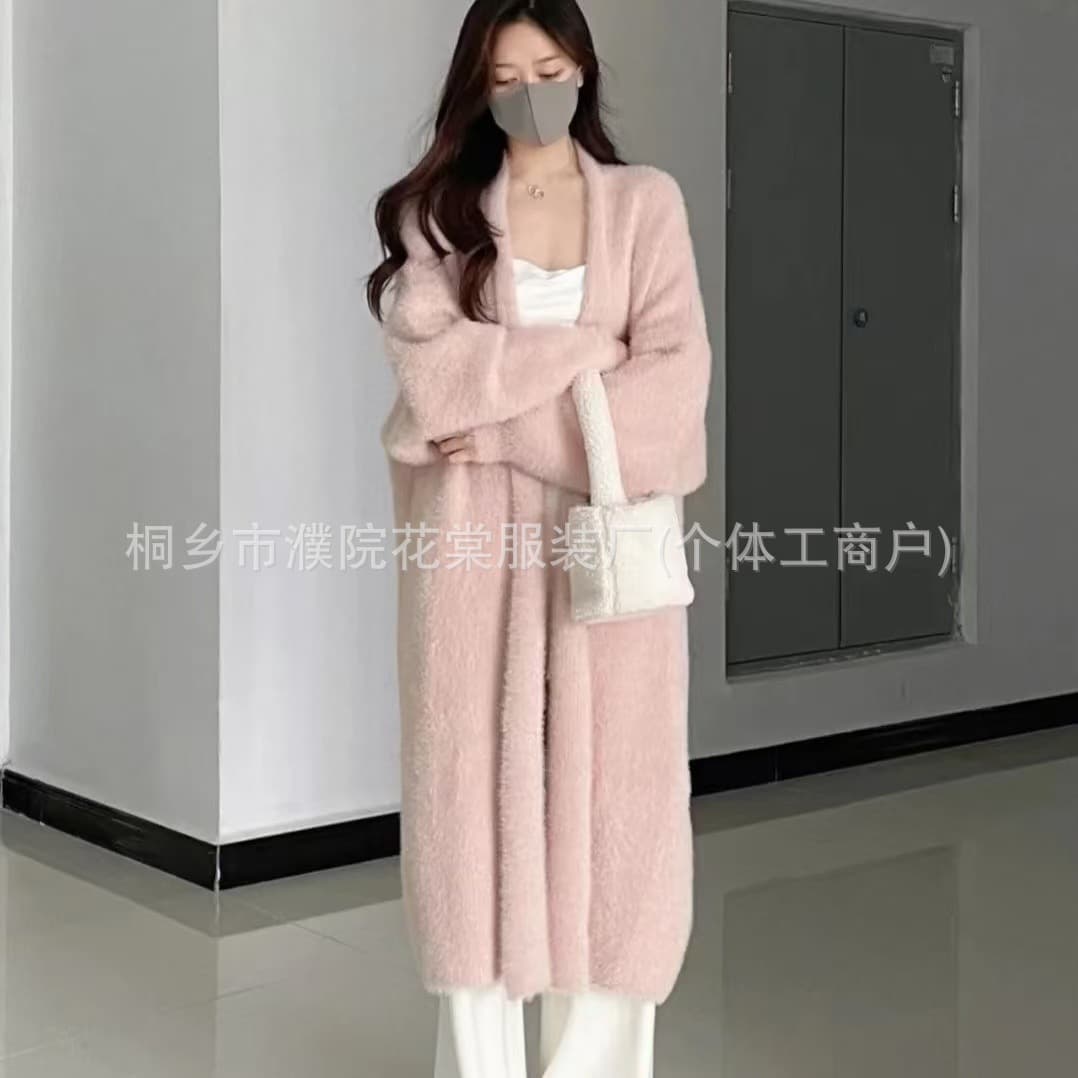 Over-The-Knee Faux Mink Velvet Knitted Cardigan for Women, Korean Style Loose Mid-Length Lazy Style Sweater Coat for Women, Loose Fit