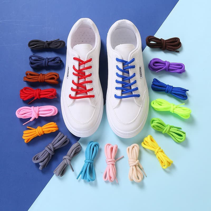 In stock 5mm round shoelaces with reinforced drawstring, drawstring, and hanging rope for casual white and black sports shoes.