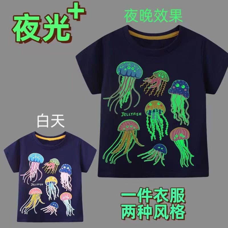 Luminous Pattern Children's T-Shirt Short Sleeve Summer 2024 Cotton Boys' Clothing Factory Gift Butterfly Knot round Neck Dry Fast