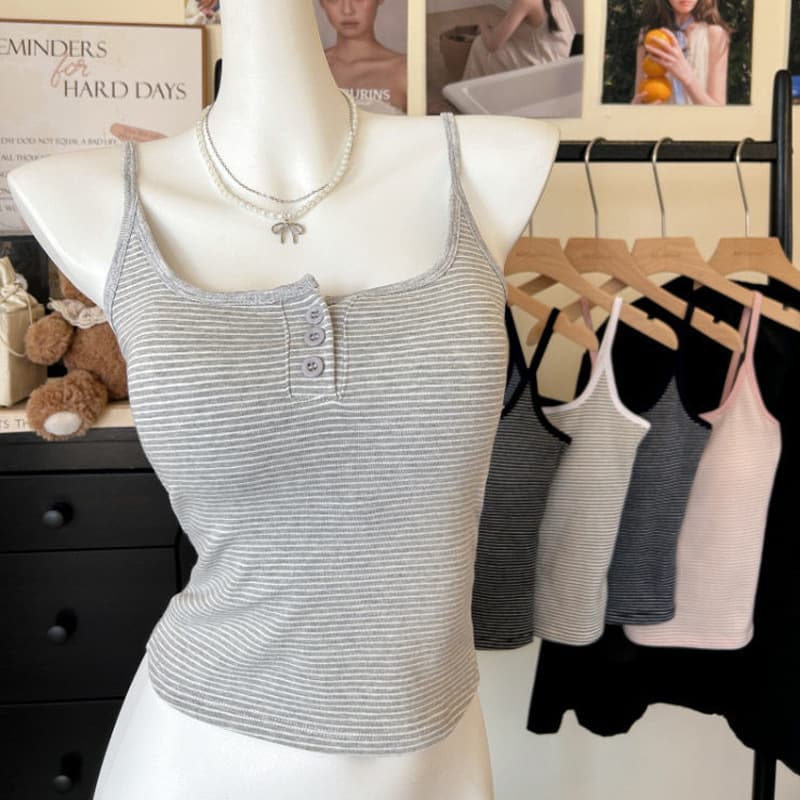 Button Striped Slim Camisole Tank Top for Women, Basic Inner Layer, Hot Girl Backless Slim Fit Base Layer Seamless Sleeveless Top