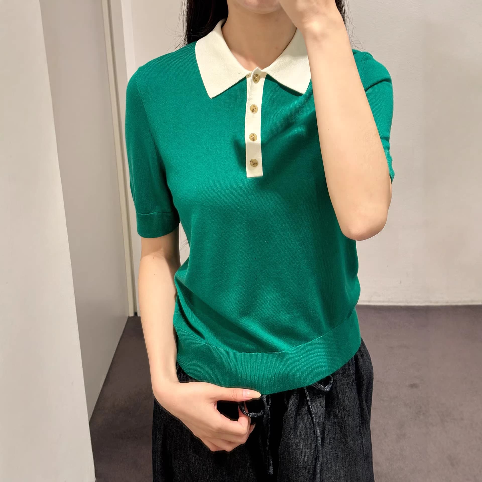 C-House Standard Fit Wool Blend Polo Shirt Green White Contrast Short Sleeve Knit 26 New 1327184005