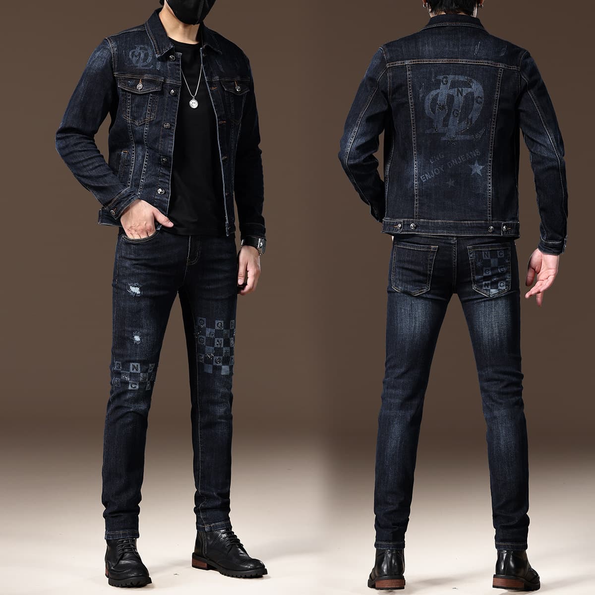 High-end printed rhinestone denim suit for men, autumn retro jacket with stretch denim pants