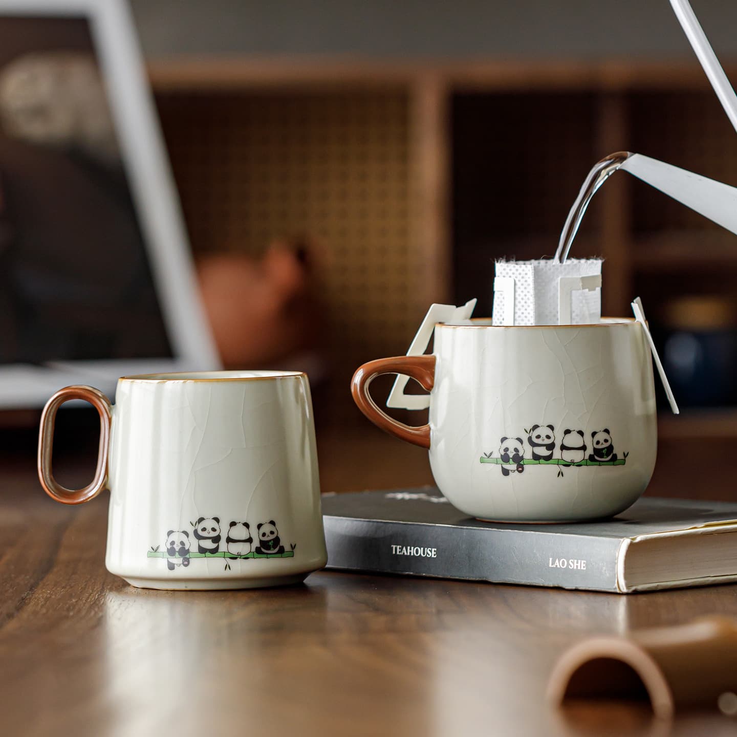 Beige Ru Kiln Porcelain Mug with Cute Panda Design for Home and Office Use, Suitable for Brewing Tea, Ceramic Cup for Drinking Tea and Water
