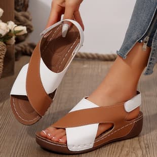 2025 Cross-border Large Size Women's Sandals Amazon Color Block New Summer Casual Beach Shoes Velcro Slippers Women