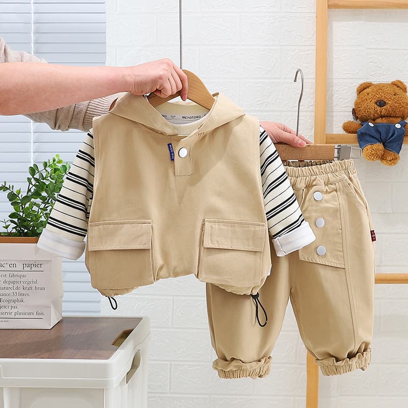 Boys spring suit 2024 new baby spring and autumn style hooded workwear three-piece set baby children's suit trendy