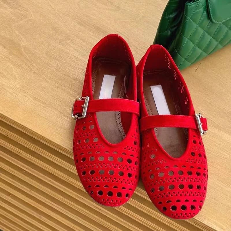 Sheepskin Version~ Korean Style Genuine Leather Red Mary Jane Shoes with One-Strap Carved Hollow Out, Shallow Mouth Flat Heel Women's Shoes