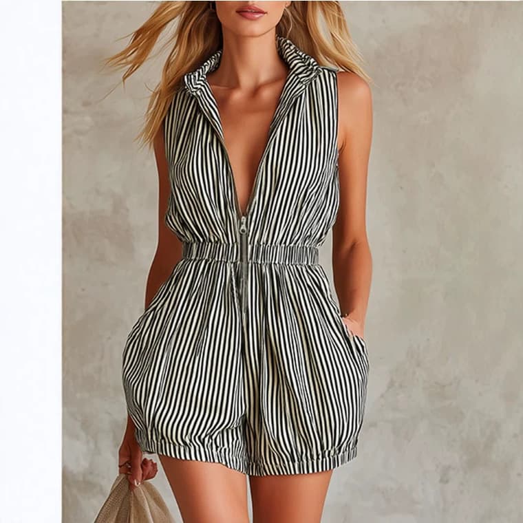 European and American Cross-border Independent Station Casual Retro Black and White Striped Sleeveless Half-collar Shorts Jumpsuit