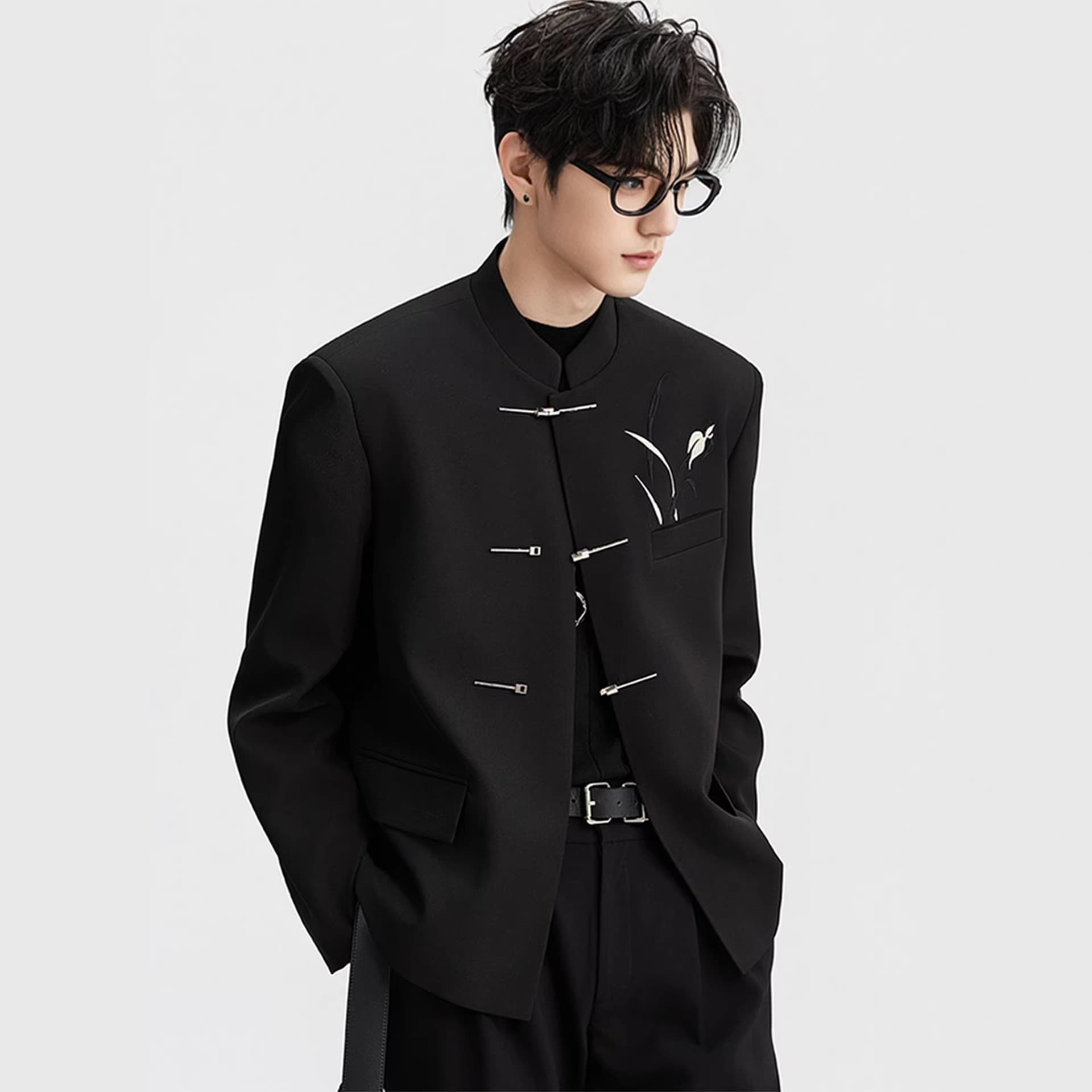New Chinese Style Stand Collar Suit Men Black Dark Pattern Modified Tang Suit Jacket Wedding Groom Chinese Style Embroidery Casual