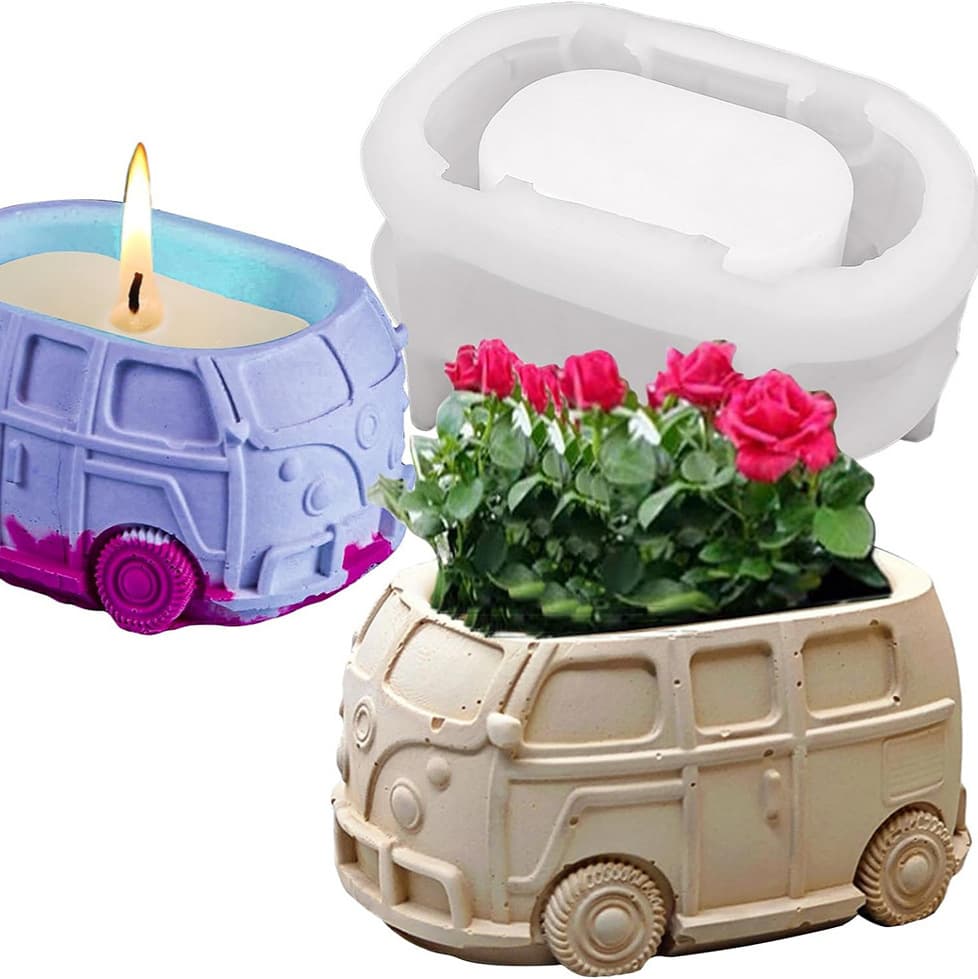 3D Bus Flower Pot Silicone Mold Vintage Car Shape Candle Container Concrete Cement Mold Cross-Border Hot