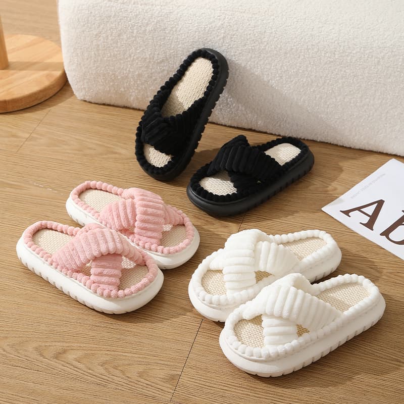 2024 Cross-border New Corduroy Linen Slippers for Women Wholesale, Home Indoor Household Non-slip All-season Cotton Linen Slippers