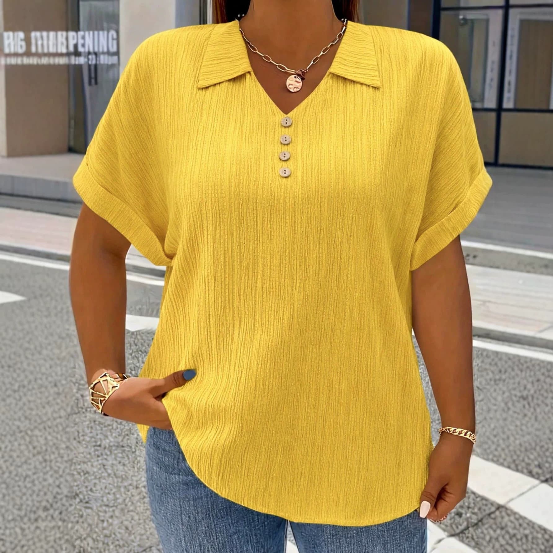 Plus Size Women's Clothing Cross-border Amazon Europe and America New Summer Short Sleeve Fashion Button Decoration V-Neck T-Shirt Top