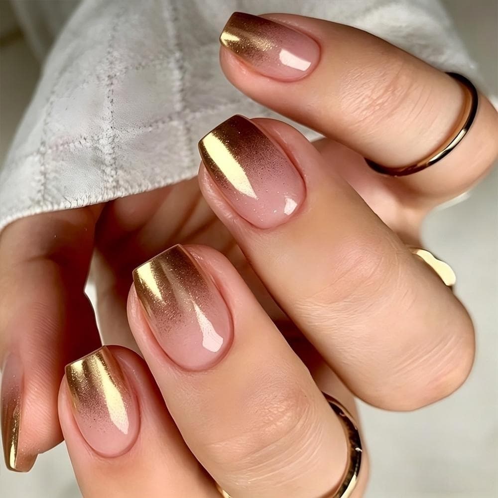 Cross-Border Hot Girl Gold Glitter Gradient Press-On Nails Short Coffin Nude Base Brightening False Nails 30-Piece Fake Nails Direct Supply