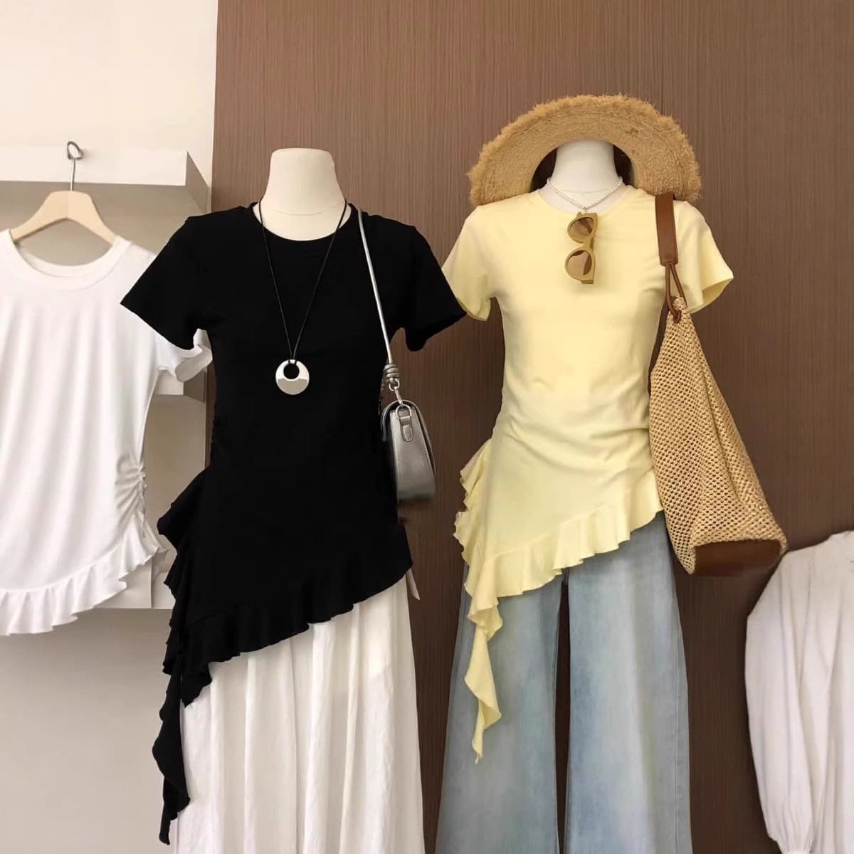 Simple and unique irregular hem design versatile top, ins style cinched waist slim fit solid color crew neck short sleeve T-shirt