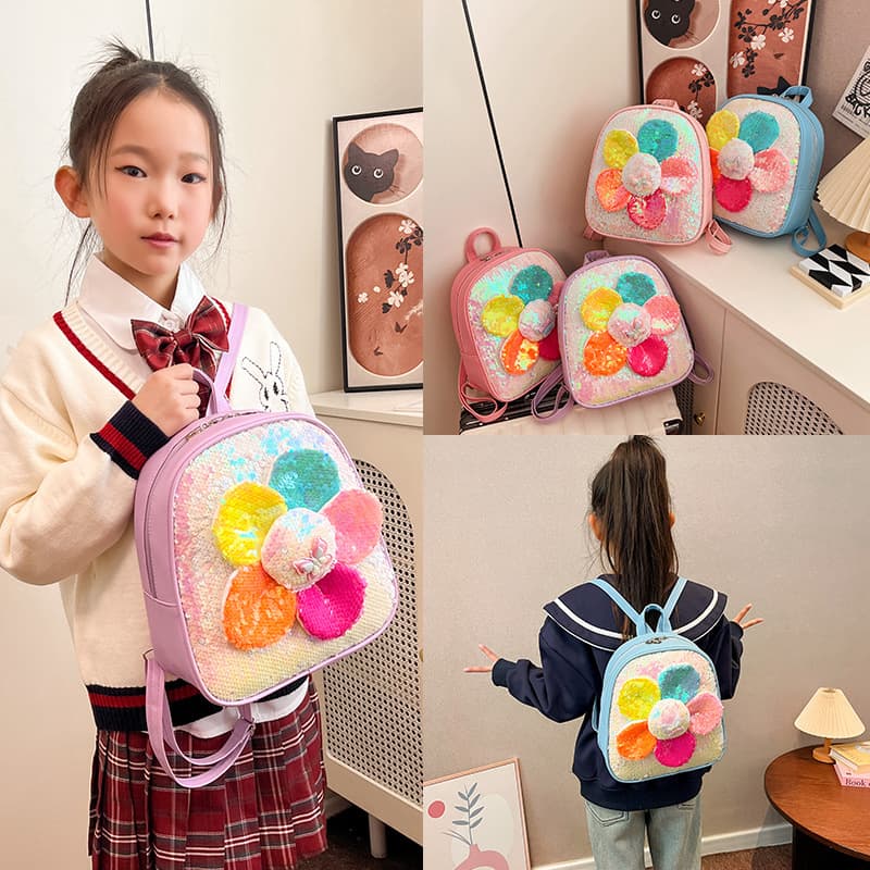 2025 Spring New Style Sequined Flower Children's Backpack, Stylish Kindergarten Backpack, Cartoon Soft Leather Schoolbag