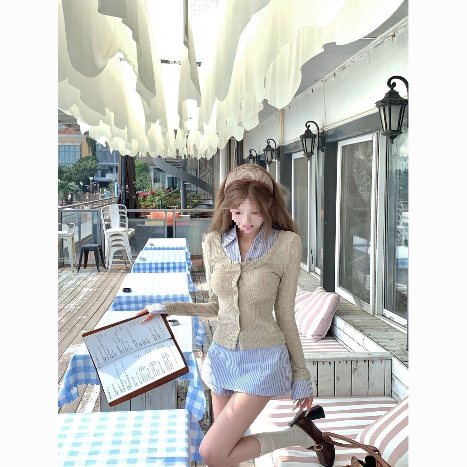 Korean Design Sense Set, 2025 Autumn New Fake Two-Piece Long-Sleeve Top + Striped Mini Skirt Two-Piece Set