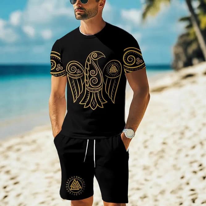 Cross-border European and American Fashion Vacation Style Men's T-Shirt and Shorts Two-Piece Set Summer New 3D Print