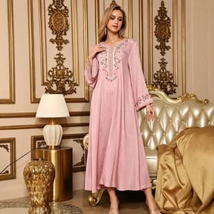Bohemian Blush Pink V-Neck Long Sleeve Dress with Floral Embroidery, Vacation Style
