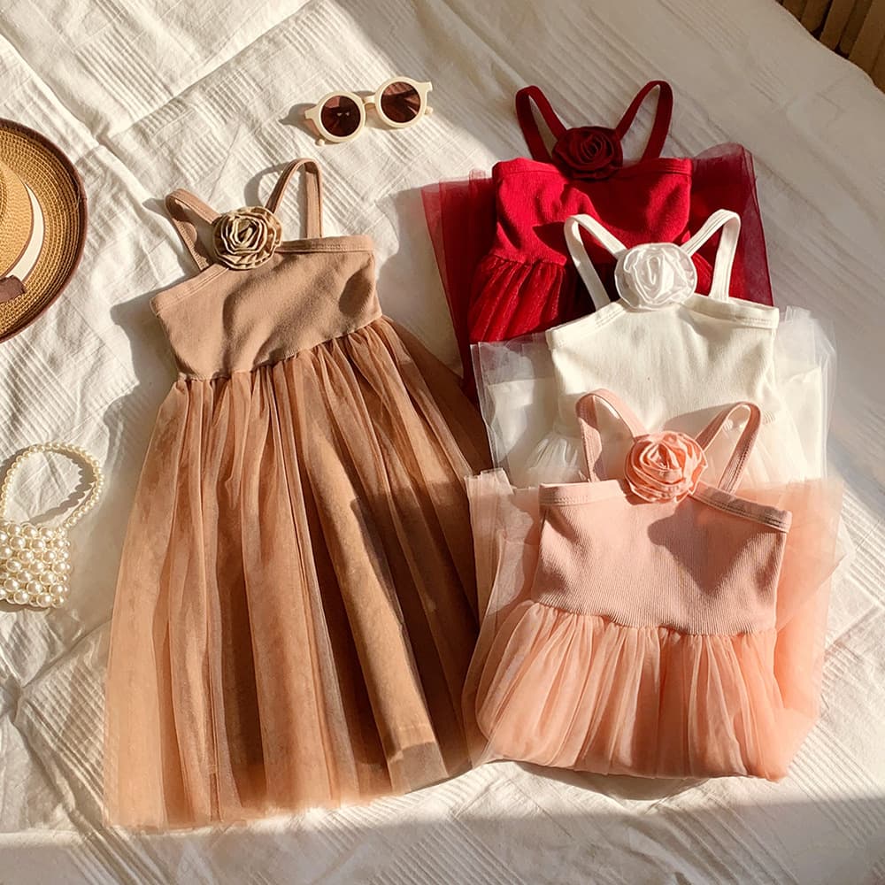 2026 Summer New French Rose Print Strap Girls Dress Sweet Stylish Mesh Princess Dress Beach Dress