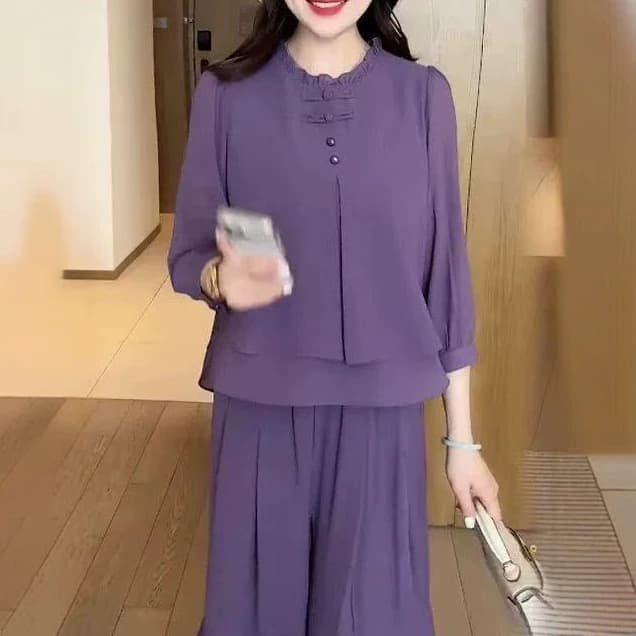 New Chinese Style Fashion Suit for Women 2026 Spring Summer New Loose Fitting Slimming Seven-Sleeve Chiffon Top Wide-Leg Pants Two-Piece Set
