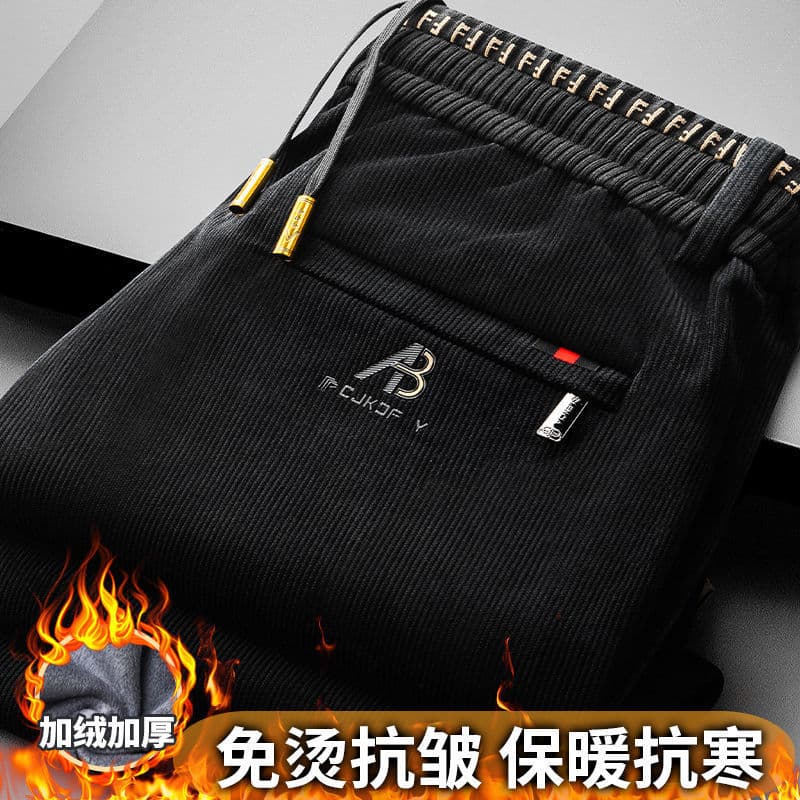 Cross-border Drop Shipping Winter Fleece-Lined Corduroy Men's Pants High-Waist Straight-Leg Corduroy Long Pants Middle-Aged and Elderly Casual Dad Wear