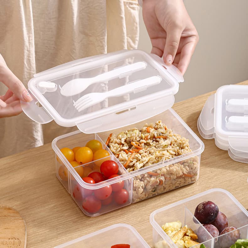 Sealed lock lunch box rectangular plastic lid with fork and spoon crisper food grade frozen compartment storage box