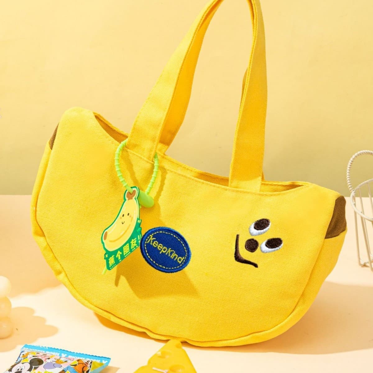 Cute Banana Embroidery Canvas Bag Cartoon Bag Convenient Handbag for Office Lady