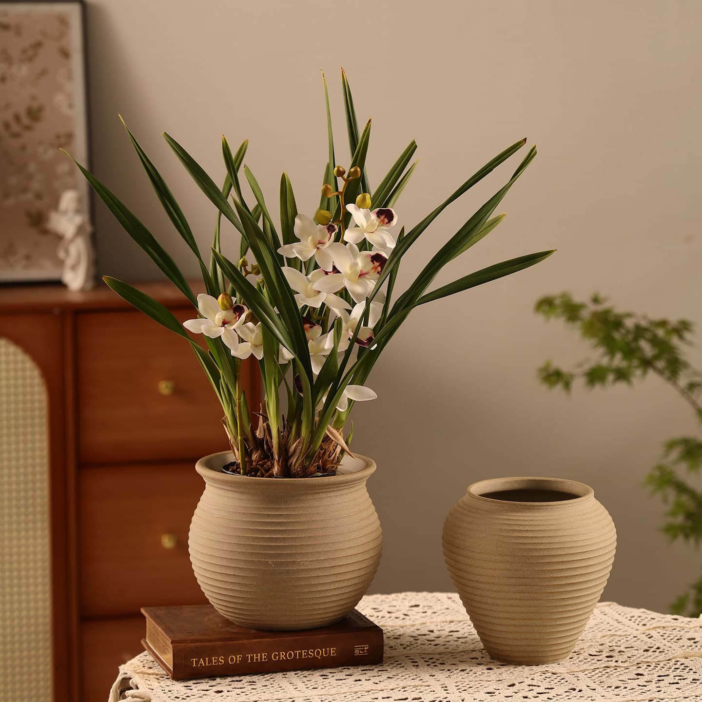 Jingdezhen Chinese Ceramic Flower Pot, Vintage Zen Plain Burned Terracotta Pot, Living Room Hallway Green Plant Potted Plant High-End Feel