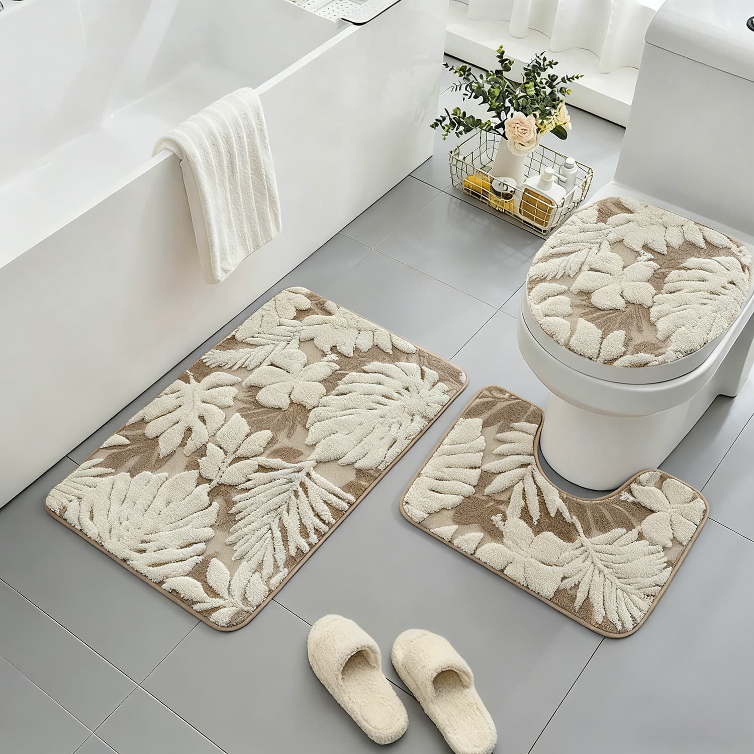 New two-color turtle leaf plush bathroom sponge absorbent three-piece floor mat set toilet carpet bathroom feet