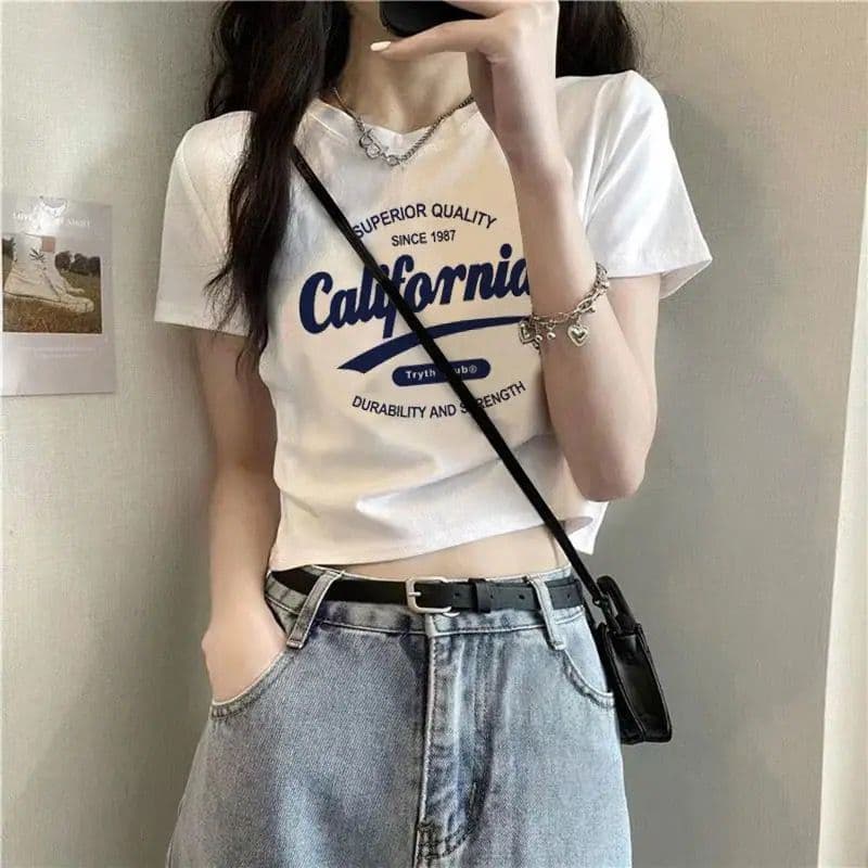 Pure Cotton Short-Sleeve T-Shirt for Women, White, Regular Shoulder, Summer New Design, Fitted High-Waist Cropped Top, Full Cotton