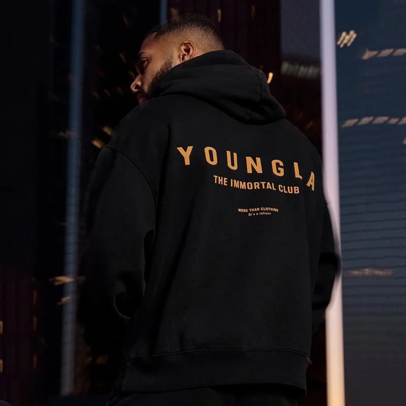 YOUNGLA Men's Oversized Pullover Hoodie Double Layer Composite Fabric Print Outerwear Sports Fitness Sweatshirt
