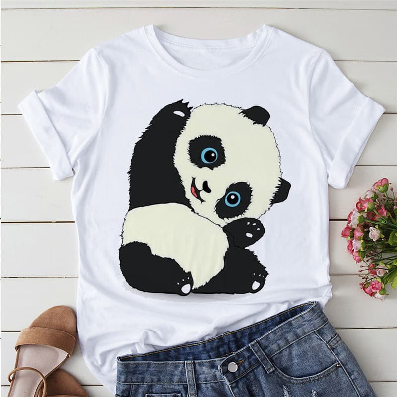 Panda Print T-Shirt Fashion Top Cartoon Cute Panda Print Unisex T-Shirt Short Sleeve