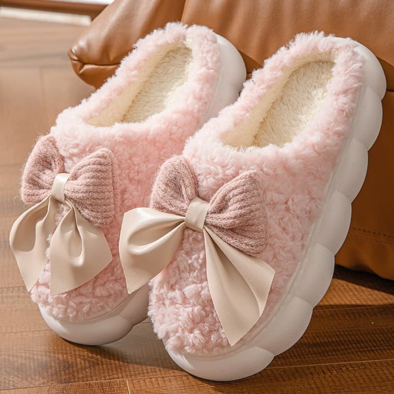 Cotton Slippers Women Autumn Winter Home Anti-Slip Warm 2025 New Cute Plush Bow Heel Slippers