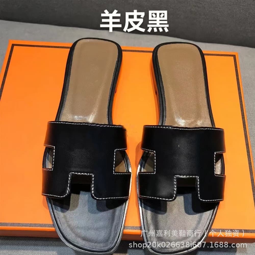 H Brand Premium Imported Sheepskin Slippers Flat Sandals Versatile Women's Shoes One-Strap Beach Shoes Factory Stock Wholesale