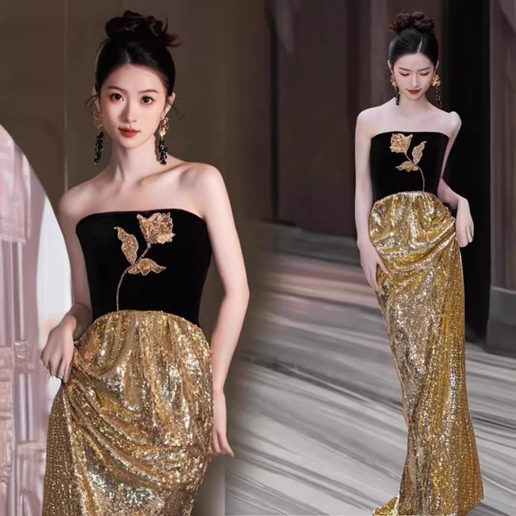 Black and Gold Evening Gown 2026 New Style Bride Wedding Toast Dress Banquet Performance Hostess Wedding Dress