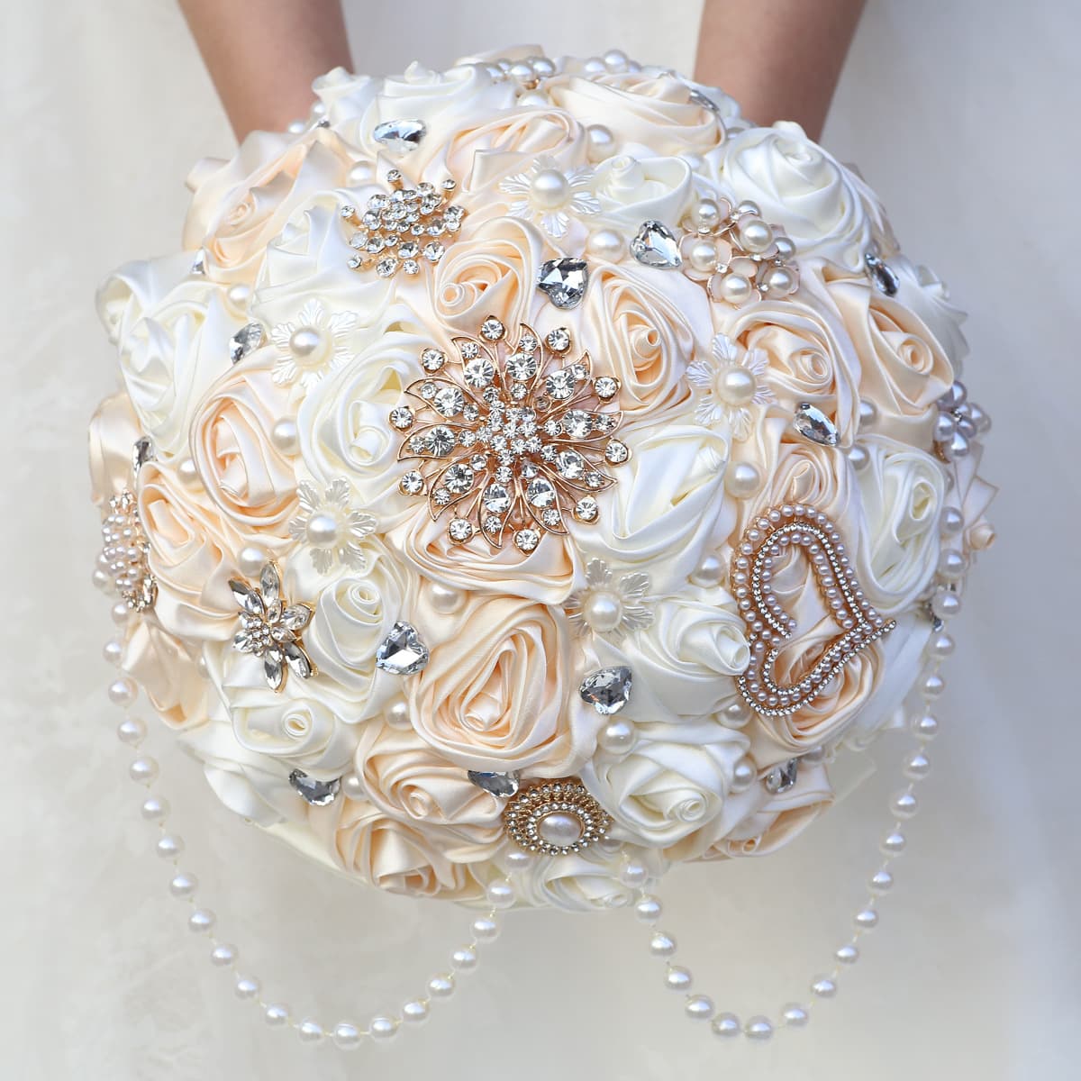 In-stock milk-colored rhinestone ribbon bridal bouquet/bridesmaid bouquet/wedding decoration bouquet, cross-border supply W2023D