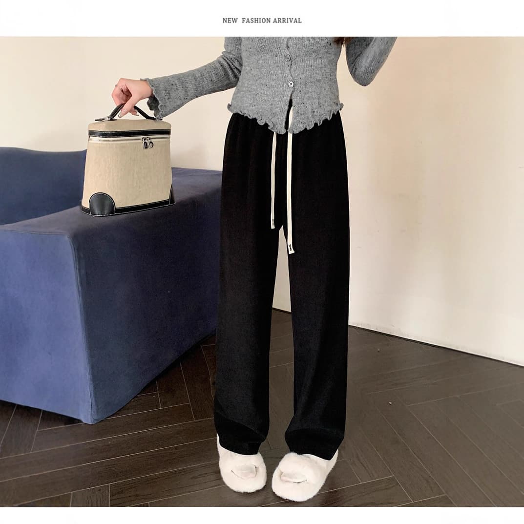 Autumn Winter High-Waist Casual Versatile Fleece-Lined Narrow Wide-Leg Pants Women Draped Straight Leg Loose Slimming Long Pants 7626#