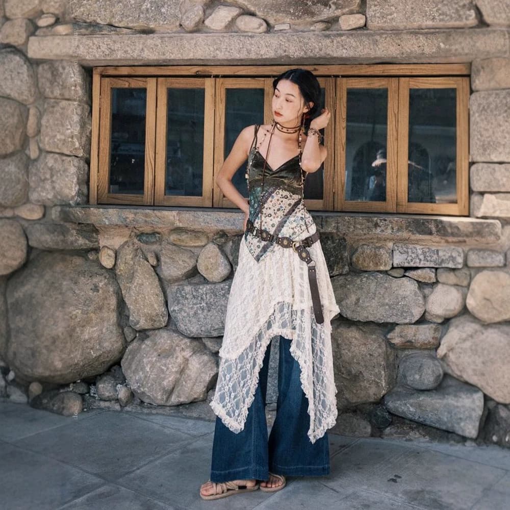 Cross-border French Vintage Bohemian Lace Irregular A-line Maxi Skirt Solid Color Long Skirt for Women Summer