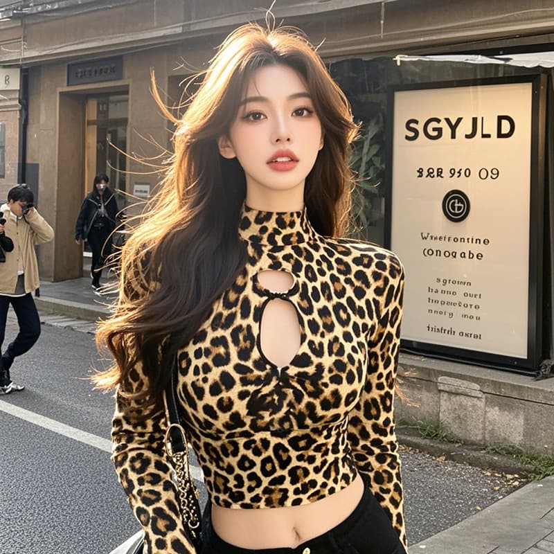 Leopard Print Hollow Half High Neck Long Sleeve Cropped Top for Women, Fall Slimming High-Cold Sexy T-Shirt